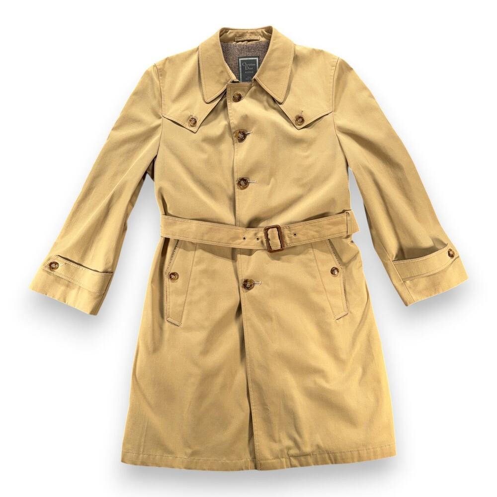 Vintage Christian Dior Trench Coat Adult LARGE 40R Brown Belted Wool Lined 80s